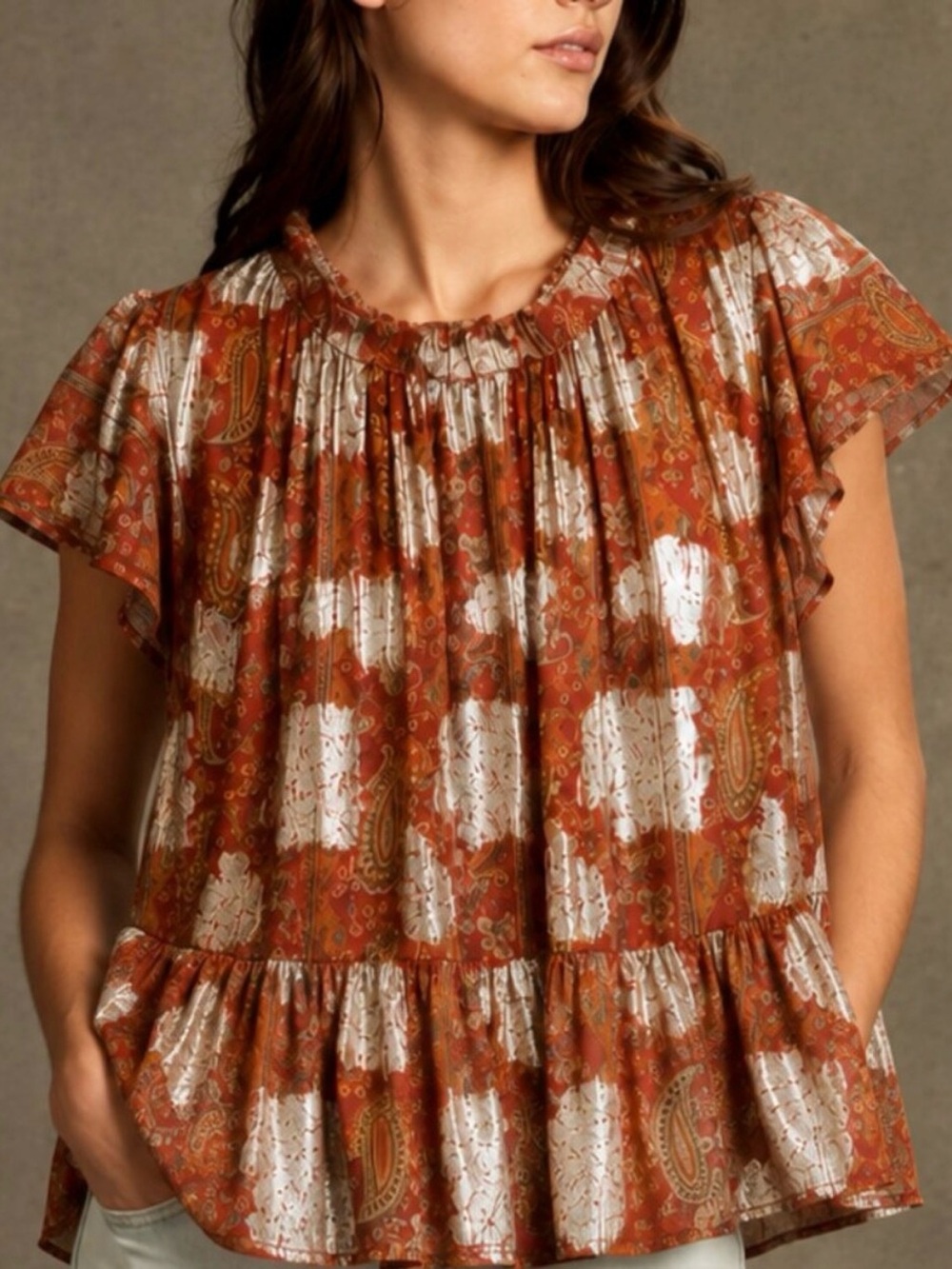 Anthropologie Rust Paisley Flutter Sleeve Blouse